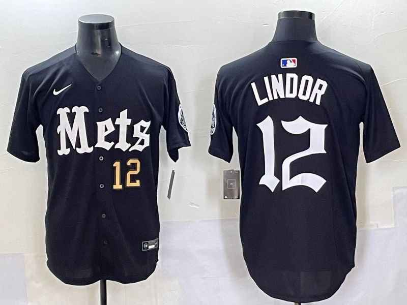 Men 2025 New York Mets #12 Lindor Black Five generations Joint Name Nike MLB Jersey style 2->new york mets->MLB Jersey